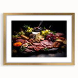 Extra large abstract art print of textured food dishes in muted earth tones, framed in gold, ideal for living room decor.