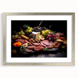 Textured abstract art print of assorted dishes in muted earth tones, framed in silver, suitable for bedroom decor.