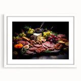 Abstract art prints featuring an array of food dishes in muted earth tones, framed with a white mat.