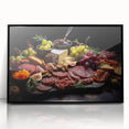 Large abstract wall art depicting assorted food dishes in muted earth tones, framed in black acrylic.