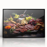 Large abstract wall art depicting assorted food dishes in muted earth tones, framed in black acrylic.