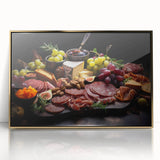 Large art print of various food dishes in mid-century modernist style, framed in acrylic with gold tones.