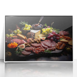 Art deco poster depicting assorted colorful food dishes on a white framed acrylic, suitable for modern kitchen decor.