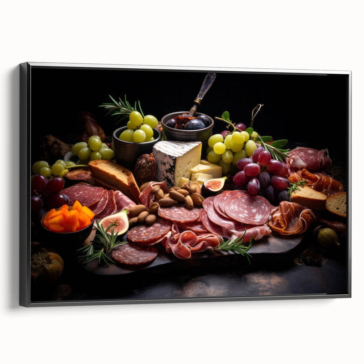 Framed canvas featuring black and white vintage poster art of assorted food dishes, ideal for bedroom wall decor.