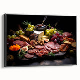 Framed canvas featuring black and white vintage poster art of assorted food dishes, ideal for bedroom wall decor.