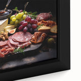 Close-up of black wall art featuring colorful, textured images of various food dishes on a framed canvas.