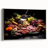 Landscape art painting featuring an array of colorful food dishes on a black background, framed canvas.