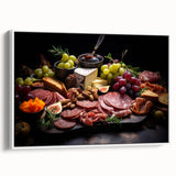 Vintage poster art of various colorful food dishes on a white framed canvas, ideal for living room decor.