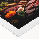 Art deco poster featuring assorted food dishes in muted colors on rolled canvas, suitable for dining room decor.