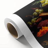 Art Deco poster featuring an array of colorful food dishes on rolled canvas, suitable for dining room decor.