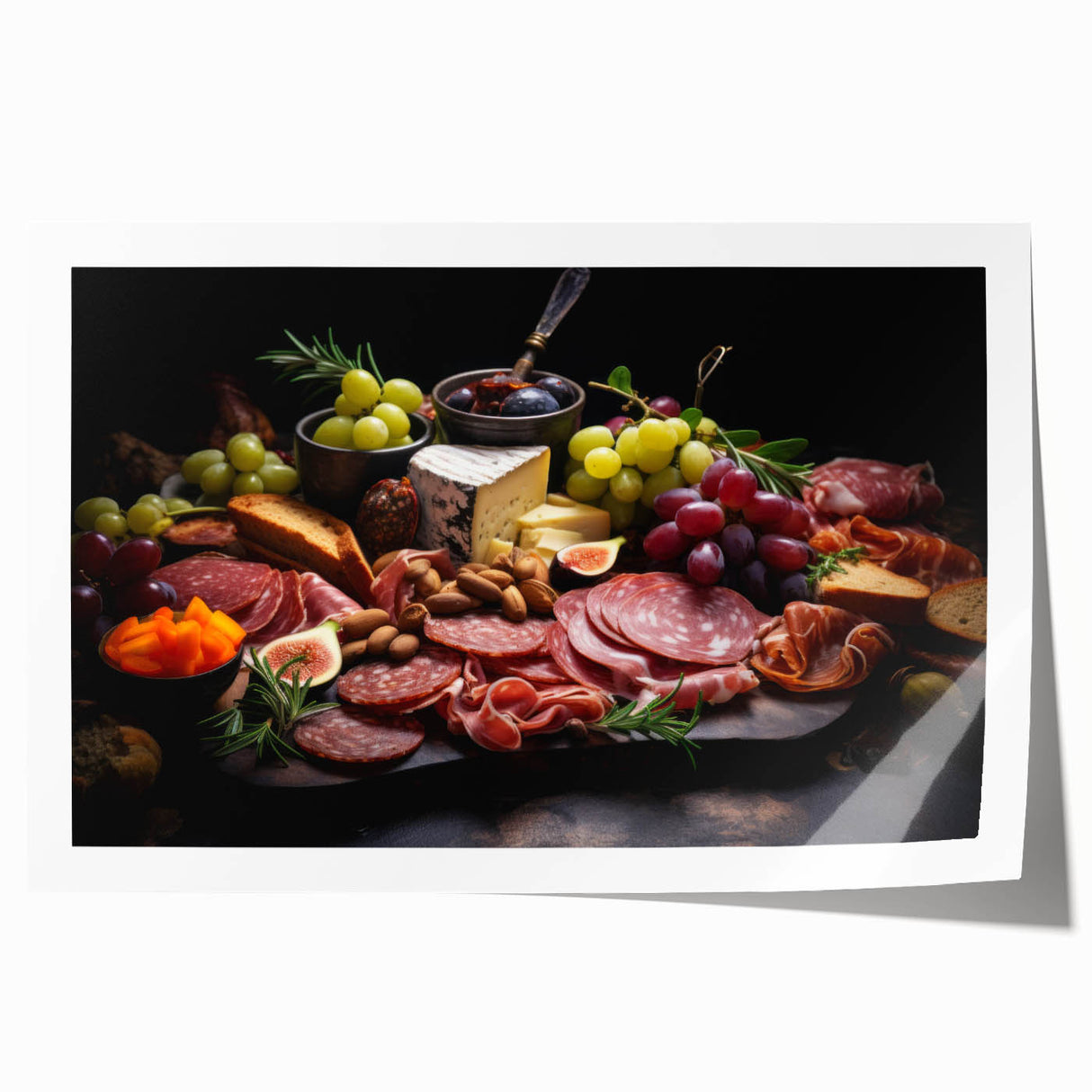 Rolled print of various food dishes in muted earth tones, ideal for art wall dining room.