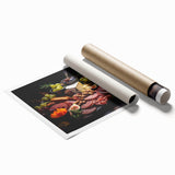 Extra large rolled print featuring assorted floral art in soft pastel shades.