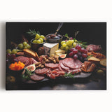 Black and white stretched canvas featuring an array of various food dishes, ideal for kitchen wall art.