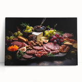 Black and white photo of various dishes on stretched canvas, ideal for kitchen wall art.