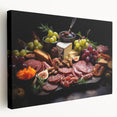 Assorted colorful food dishes depicted in a realistic style on a large stretched canvas, suitable for kitchen wall art.