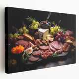 Assorted colorful food dishes depicted in a realistic style on a large stretched canvas, suitable for kitchen wall art.