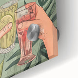 Large abstract wall art in vibrant orange and yellow tones on acrylic glass, ideal for dining room ambiance.