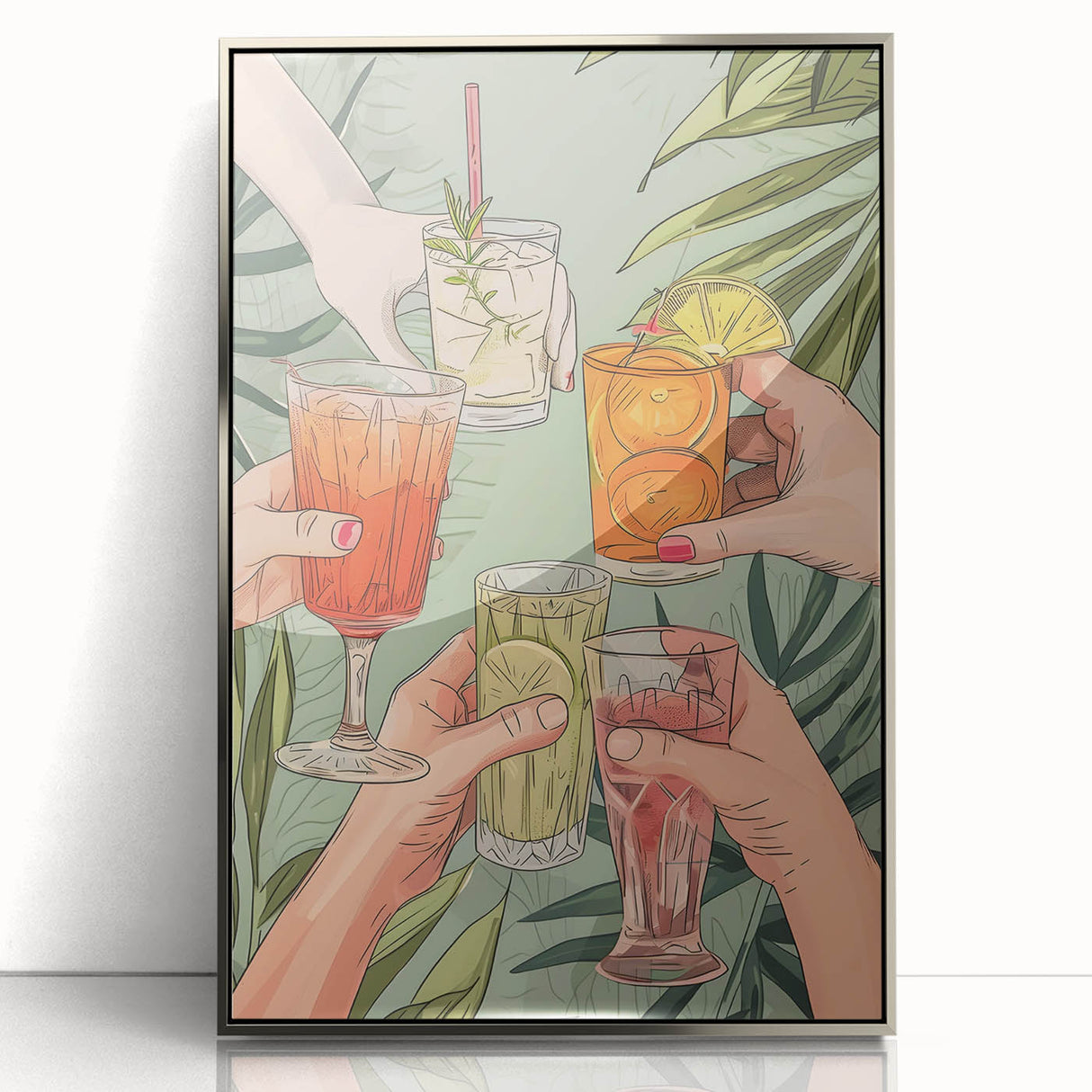 Large framed acrylic print of mid-century modernist food and drinks artwork in muted colors, ideal for modern kitchen decor.