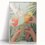 Mid-century modernist art featuring a stylized cocktail in vibrant colors on a white acrylic framed poster.