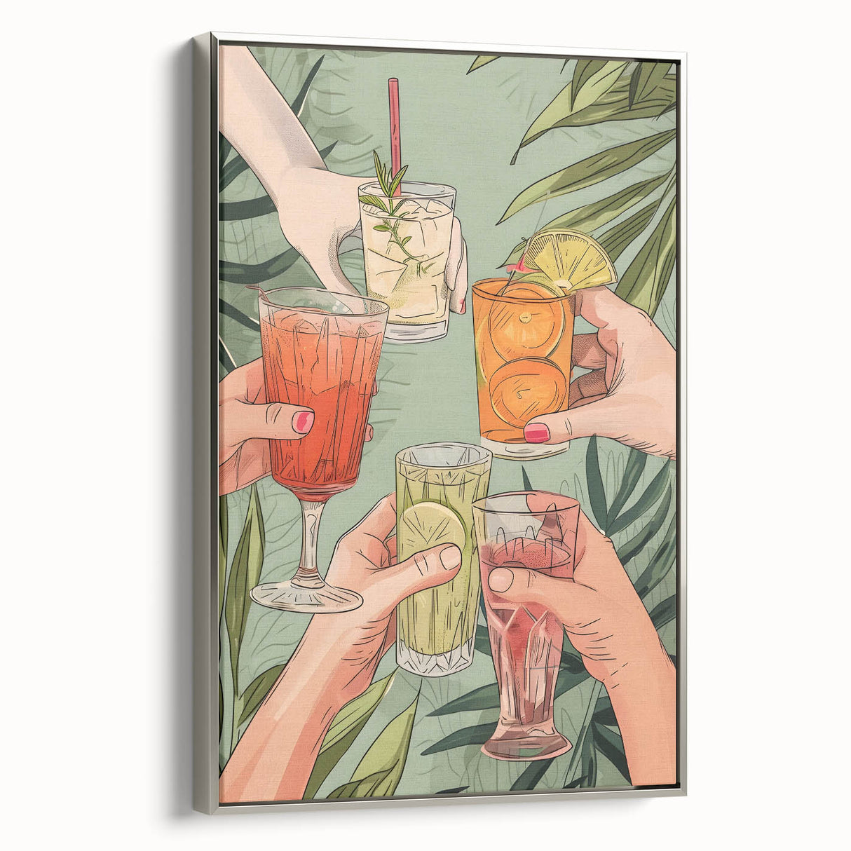 Landscape art painting of colorful, vintage-style food and drinks on a black background, framed in silver.