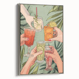 Landscape art painting of colorful, vintage-style food and drinks on a black background, framed in silver.