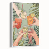 Vintage poster art of colorful cocktails on a black background, framed canvas, ideal for living room decor.