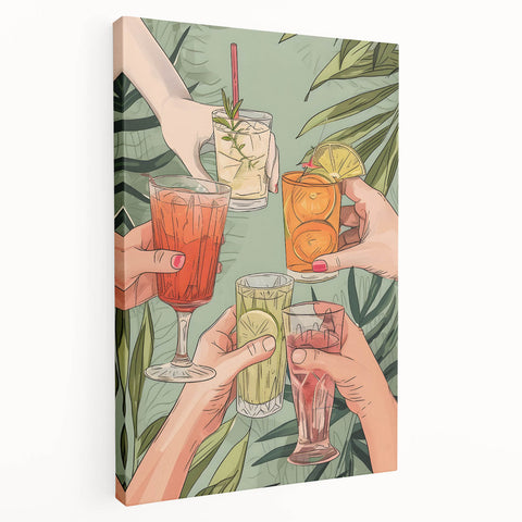 Large stretched canvas featuring a vibrant illustration of assorted fruits and vegetables, ideal for kitchen wall art.
