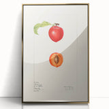 Large art print of assorted fruits in bold colors on a gold-acrylic framed canvas, styled in mid-century modernist design.