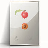 Mid-century modernist art featuring assorted fruits in vibrant colors on a silver-framed acrylic, ideal for nursery wall art.