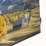 Close-up of a vibrant landscape barn design printed on acrylic glass, showcasing rich colors and intricate details, ideal for rustic home decor accents.