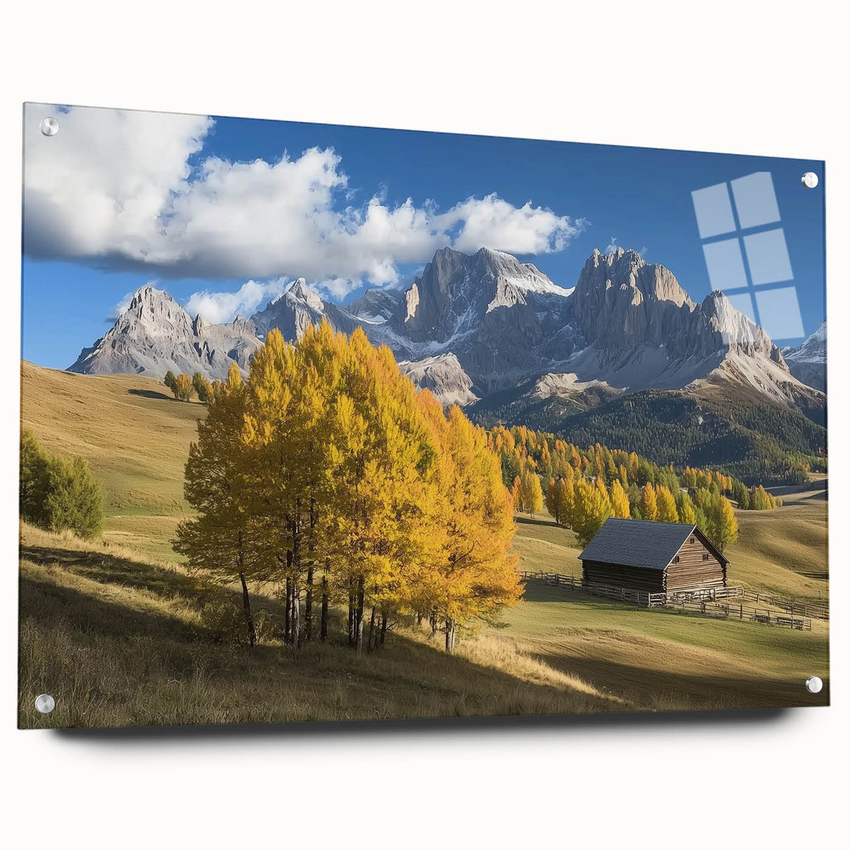 Acrylic glass landscape artwork of a barn, showcasing vibrant colors and intricate details, mounted with pins for easy display, perfect for home decor enthusiasts.