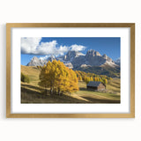 Golden-framed landscape barn artwork showcasing a rich, vibrant scene with a rustic charm, perfect for home decor and farmhouse aesthetics.