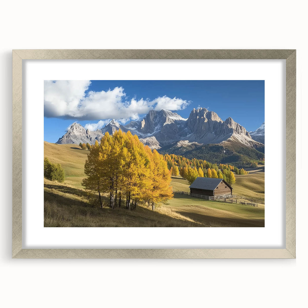 Silver-framed landscape artwork showcasing a scenic barn view, elegantly matted for a polished presentation, perfect for home decor enthusiasts.