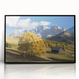 Framed acrylic artwork depicting a scenic landscape with a barn, showcasing vibrant colors and intricate details, perfect for home or office decor.