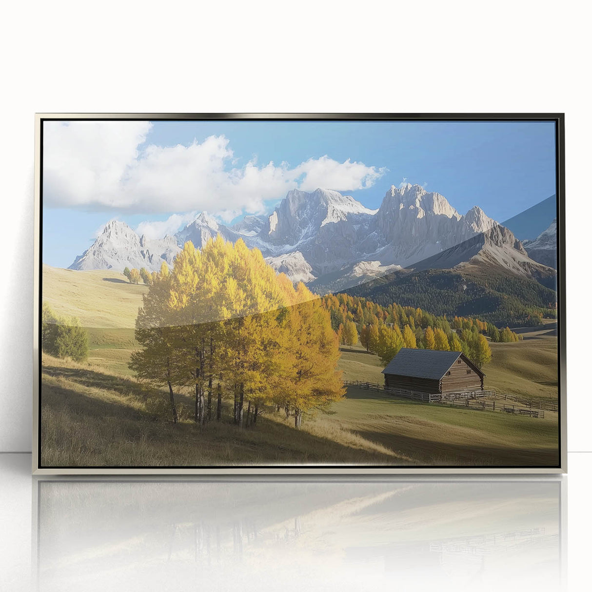 Framed acrylic print showcasing a stunning landscape design with a silver finish, perfect for home decor. Ideal for adding elegance to any room setting.