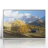 Framed acrylic artwork showcasing a serene landscape with a white barn, set against a vibrant sky, perfect for country-themed home decor. Ideal for adding rustic charm to any interior.