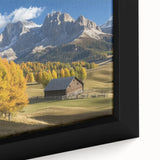Close-up of a landscape barn-themed canvas print showcasing vibrant colors and intricate details, framed for a polished presentation, ideal for rustic home decor.
