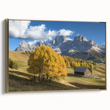 Gold-framed landscape canvas print of a serene barn scene, showcasing vibrant colors and intricate details, ideal for rustic home decor and art enthusiasts.