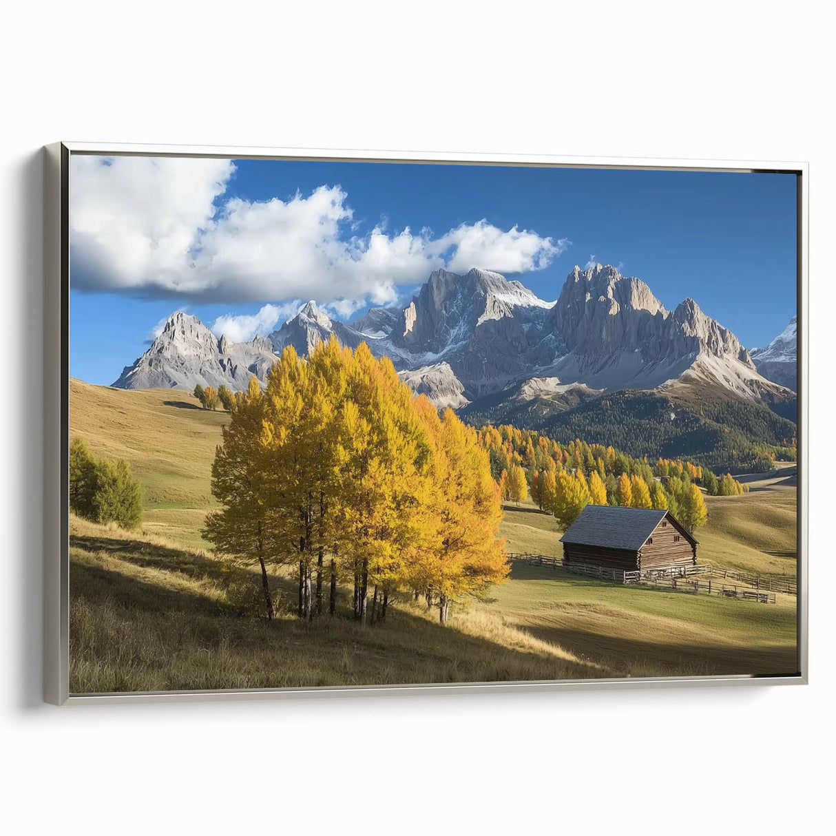 Elegant landscape barn artwork displayed in a silver-framed canvas, showcasing vibrant colors and intricate details, perfect for home decor enhancement.