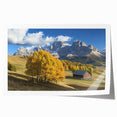 Landscape barn rolled print showcasing a serene countryside scene with a rustic barn, vibrant green fields, and a clear blue sky, packaged securely in a protective cardboard tube.