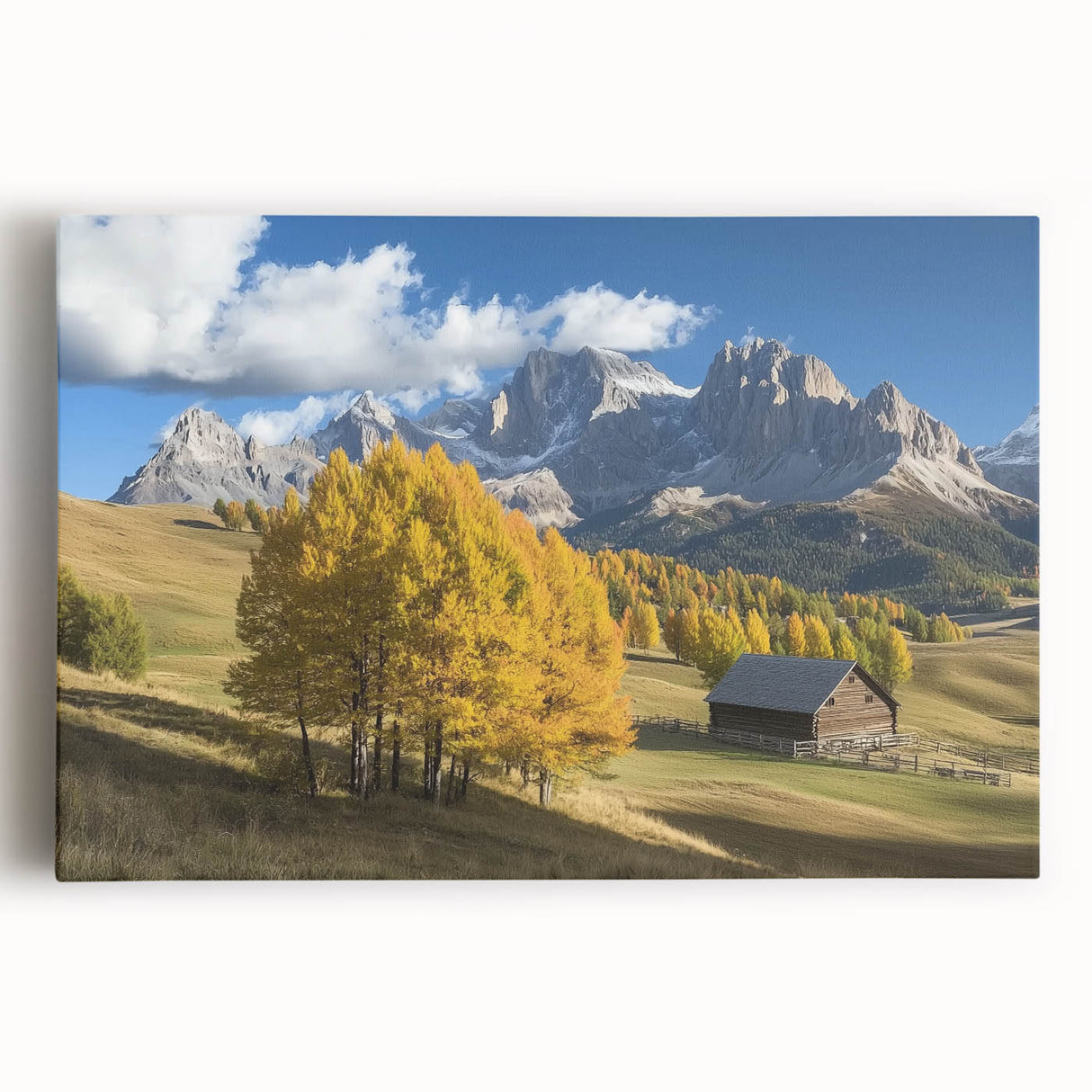 Stretched canvas artwork depicting a vibrant landscape scene of a rustic barn surrounded by lush greenery, showcasing rich colors and detailed textures, perfect for home decor.