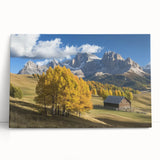 Stretched canvas artwork depicting a serene landscape featuring a rustic barn surrounded by lush greenery, perfect for enhancing home decor with a nature-inspired theme.