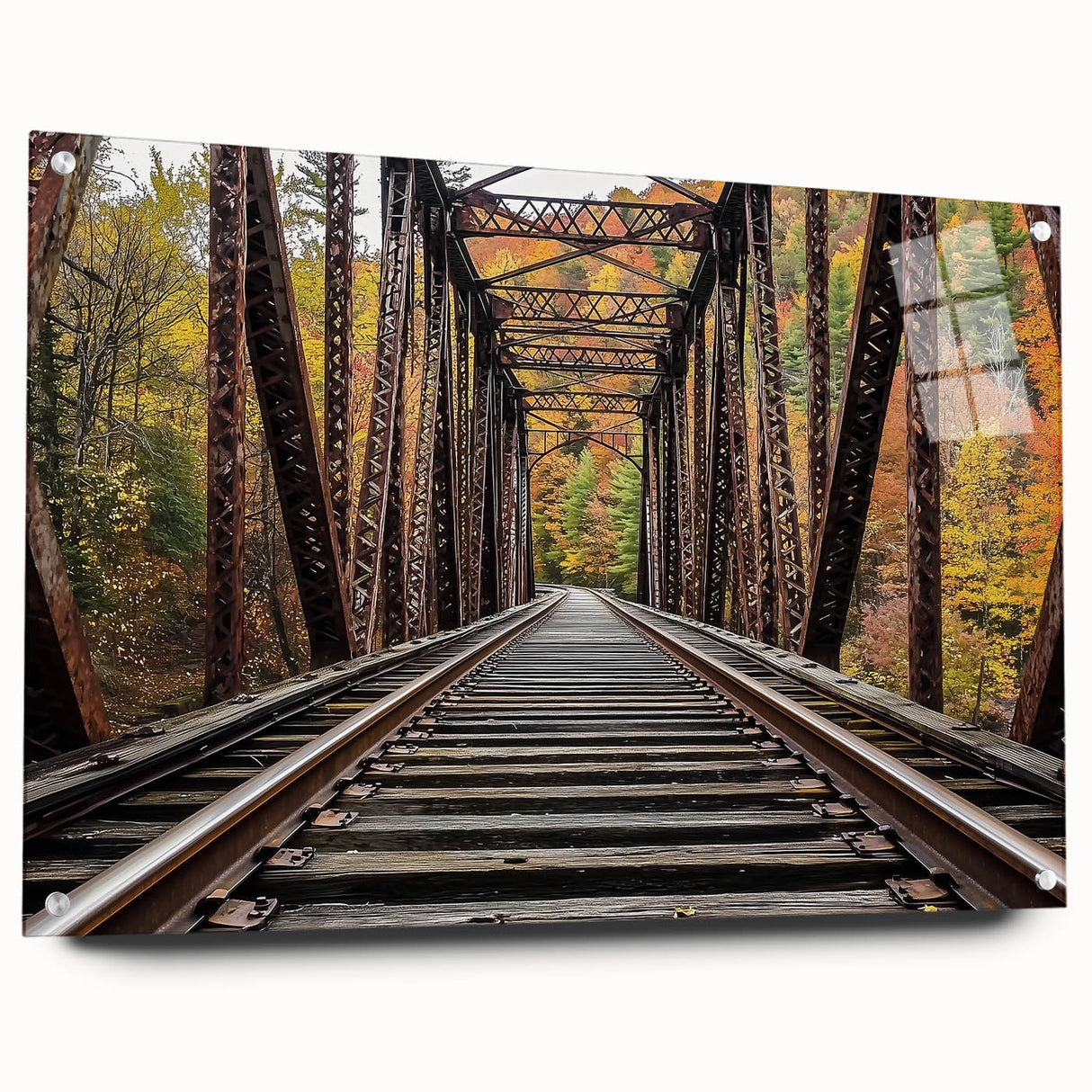 Acrylic glass landscape bridge design viewed from the side, showcasing intricate details and vibrant colors, secured with elegant pins for display. Ideal for modern decor enthusiasts.