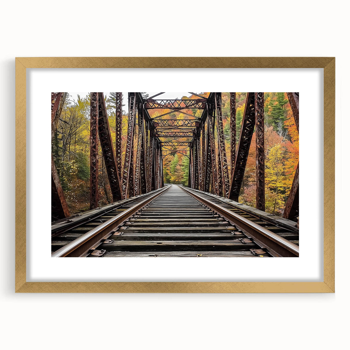 Landscape bridge frame with a gold mat, showcasing a modern design that enhances photographs. Ideal for home decor, adding elegance to any space.