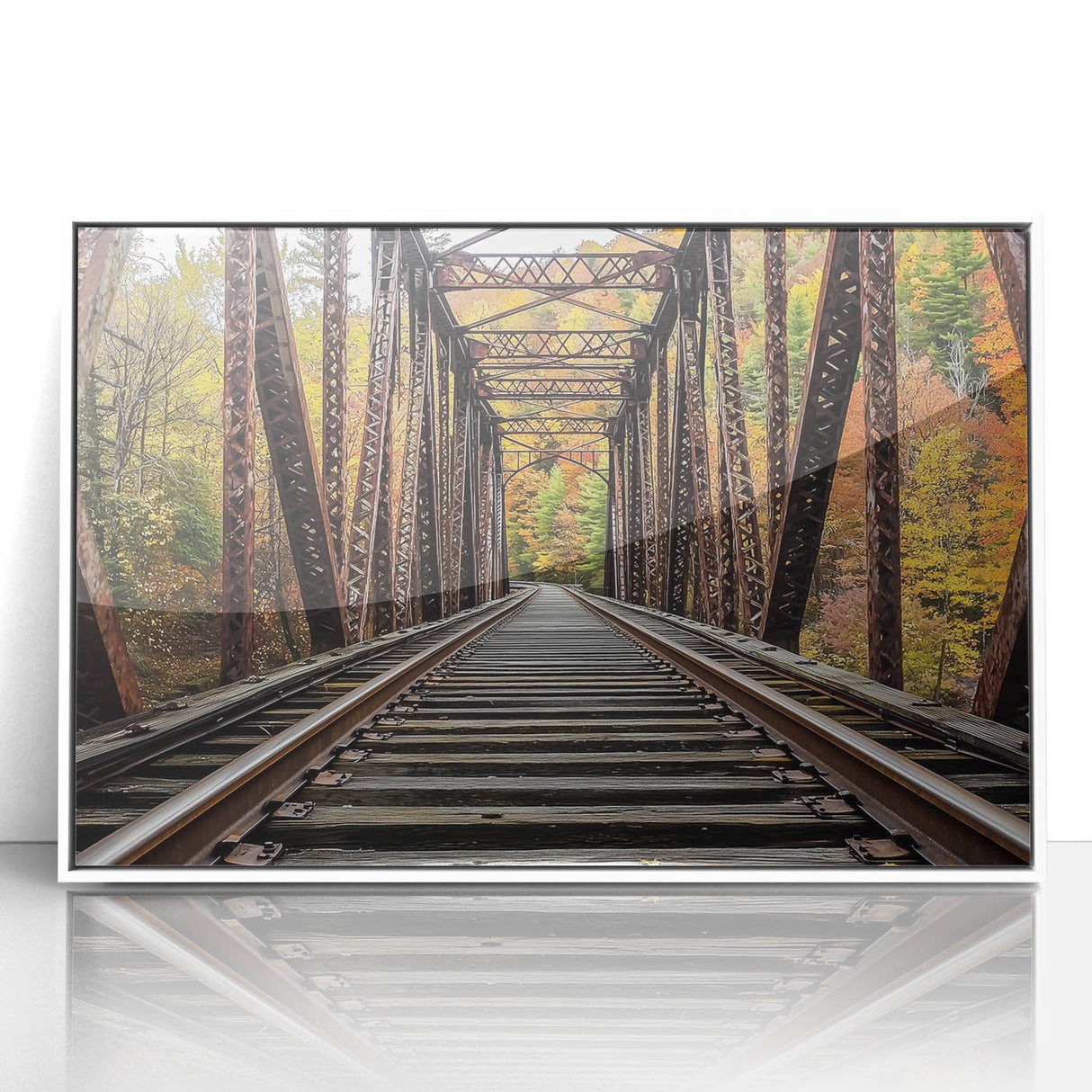 Framed acrylic artwork depicting a serene landscape bridge scene with vibrant colors, set in a sleek white frame, ideal for home decor and art enthusiasts.