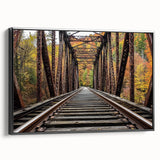 Framed canvas artwork showcasing a serene landscape of a bridge with lush greenery, featuring a black frame. Ideal for home decor, emphasizing tranquility and nature.