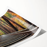 Rolled print of a serene landscape featuring a picturesque bridge surrounded by lush greenery and a tranquil river, beautifully packaged in a protective tube.