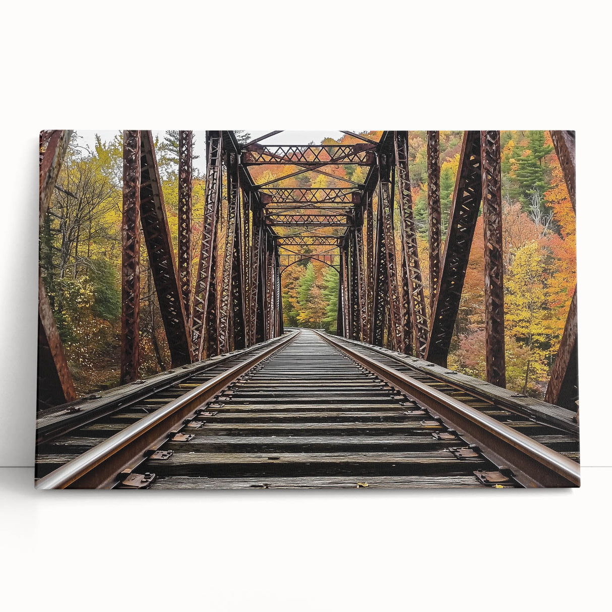 Stretched canvas artwork showcasing a serene landscape with a bridge, vibrant colors, and detailed textures, perfect for enhancing home décor.