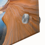 Vibrant close-up of an acrylic glass artwork depicting colorful canyons and landscapes, showcasing intricate details and textures, perfect for modern decor.