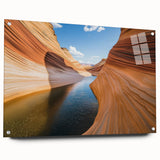 Acrylic glass artwork showcasing a stunning landscape of canyons, displayed side view with decorative pins, perfect for modern home decor. The vibrant colors and intricate details highlight the natural beauty of the scene, ideal for enhancing any living space.